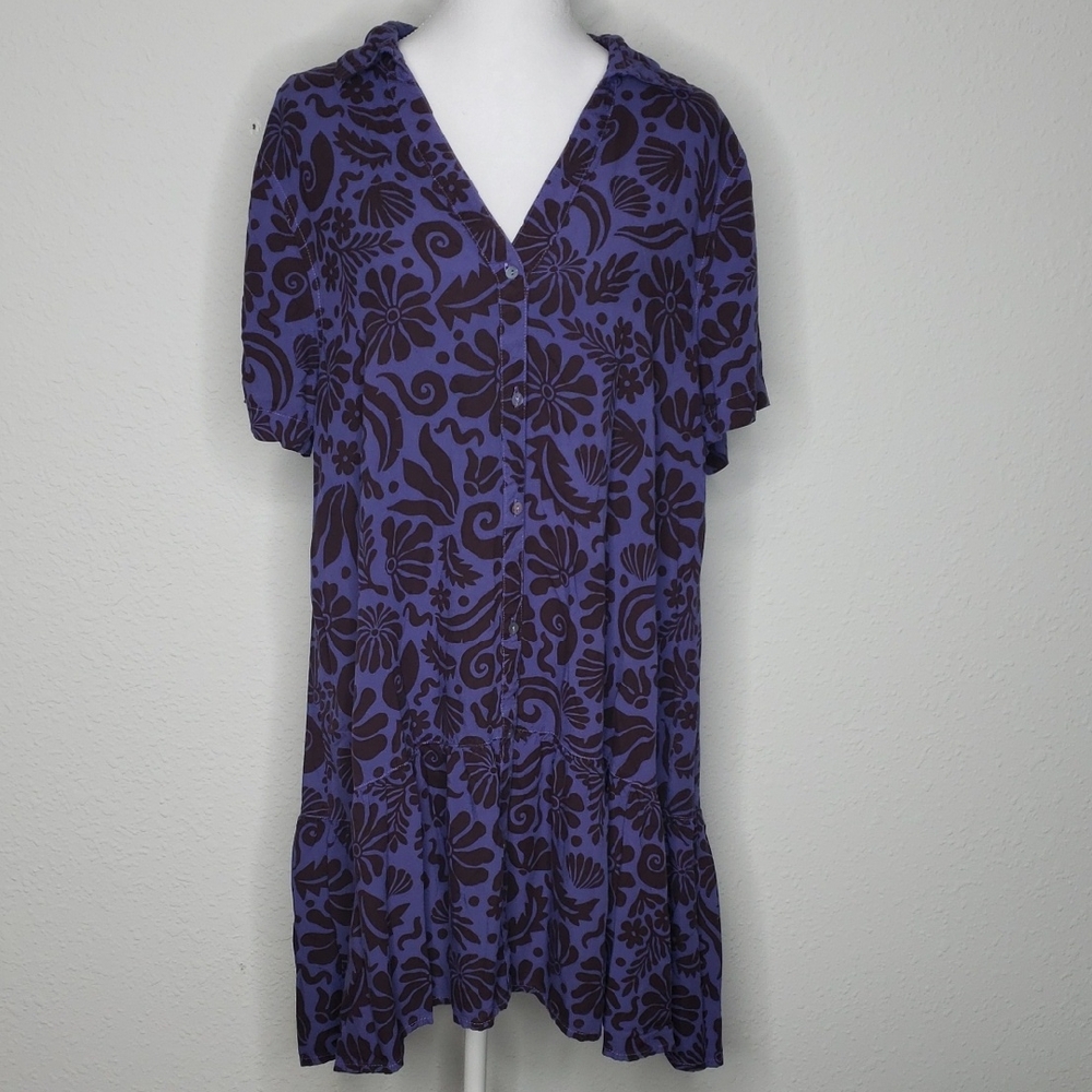 Sincerly Jules Rayon Floral Button Up Mini Tiered Dress Size L Purple Bohemian